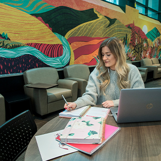 a university of montana student sitting at a table studying and typing on a laptop